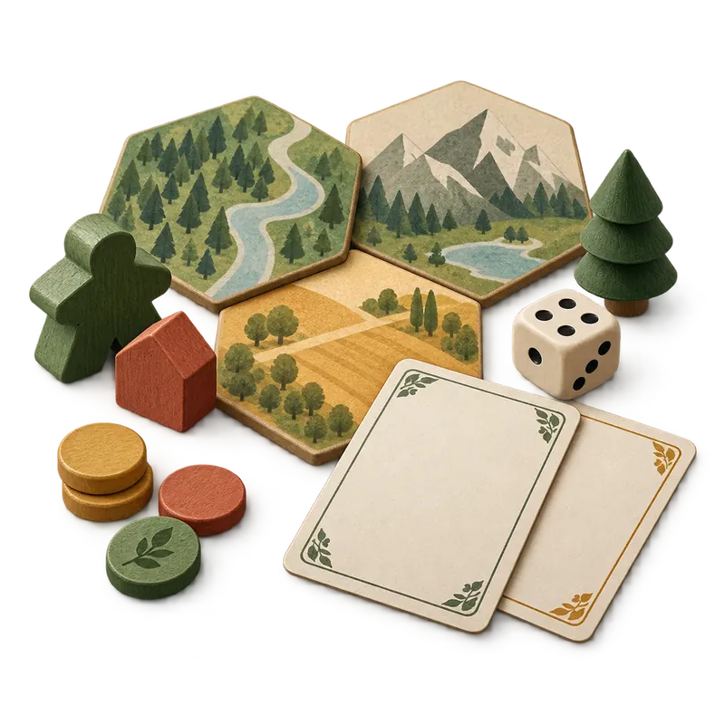 Illustration of hexagonal board tiles, wooden pieces, cards, tokens and a die.