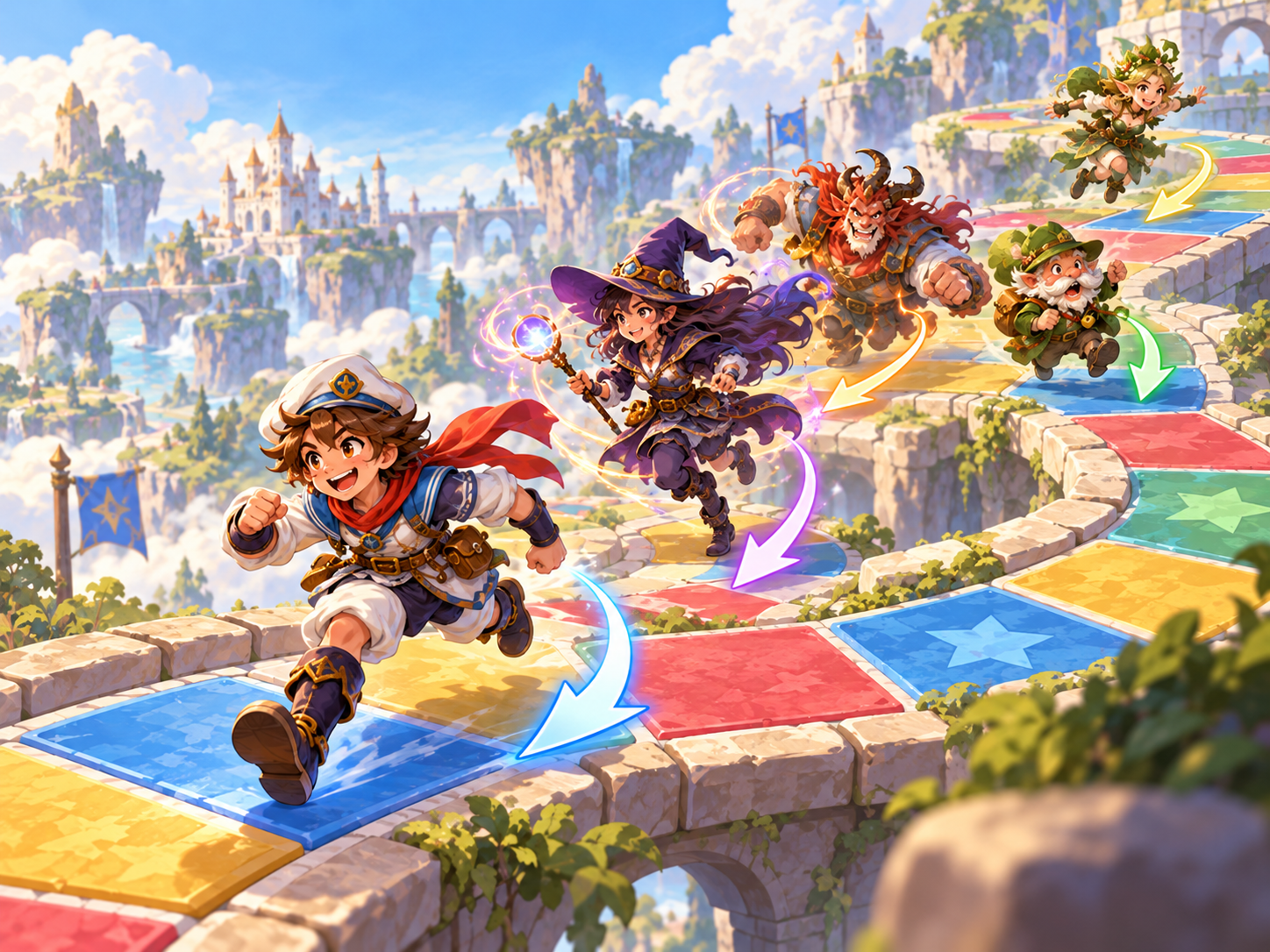 Original fantasy illustration of racers moving around a colorful track