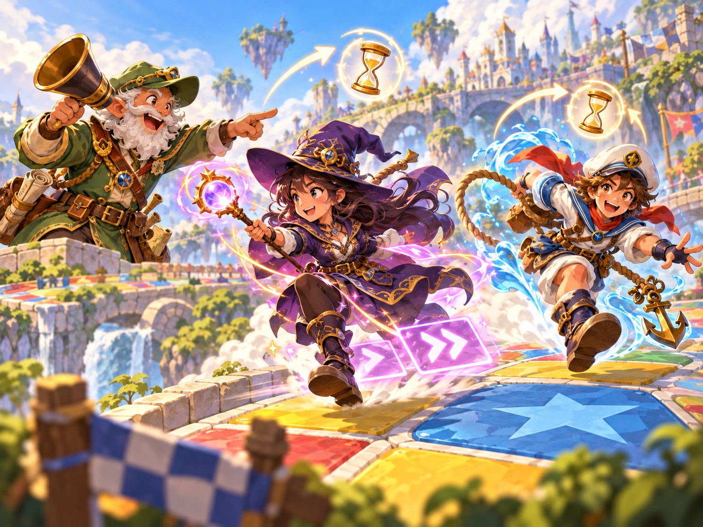 Original fantasy runners navigating a colorful board-game track