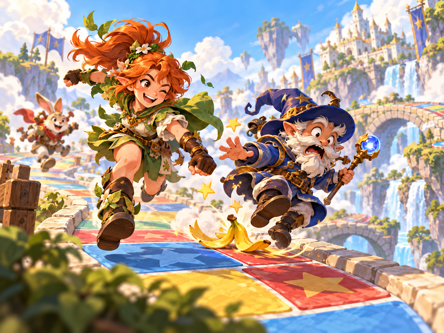 Original whimsical fantasy racers near a finish line