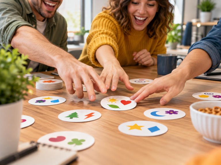 Hands reaching toward circular symbol-matching game cards on a desk