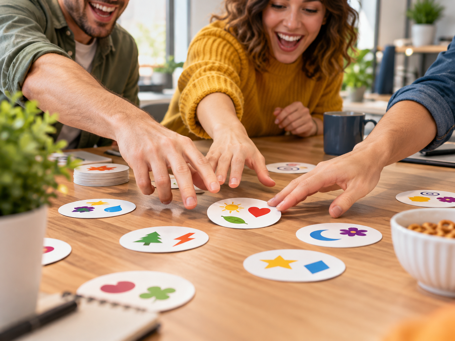 Adults reaching for circular symbol matching cards during a casual break