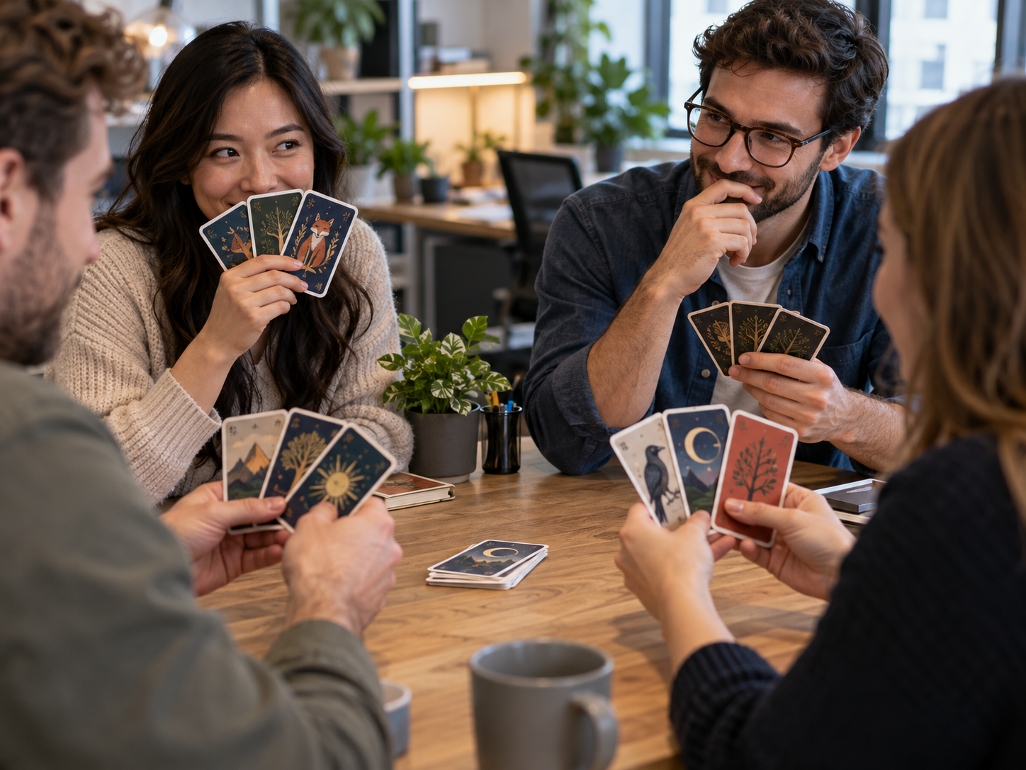 Adults holding cards in a casual social game at an office table
