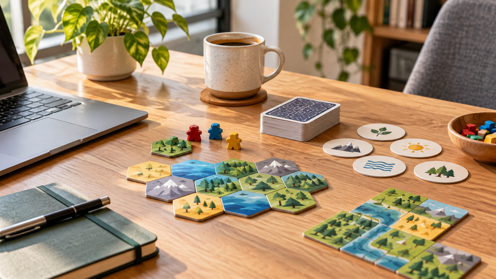 Illustrative office desk with compact tabletop games and a laptop